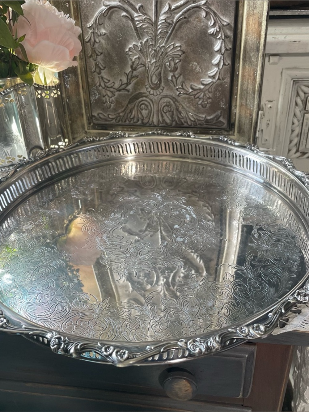 Vintage Webster Wilcox floral etched silver plated large footed tray old money